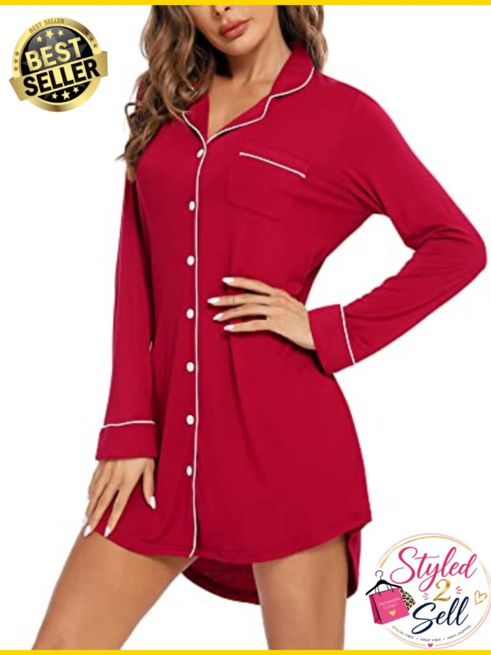 Button Down Nightgown Long Sleeve Viscose Spandex Nursing Sleepshirt - Picture 3 of 6